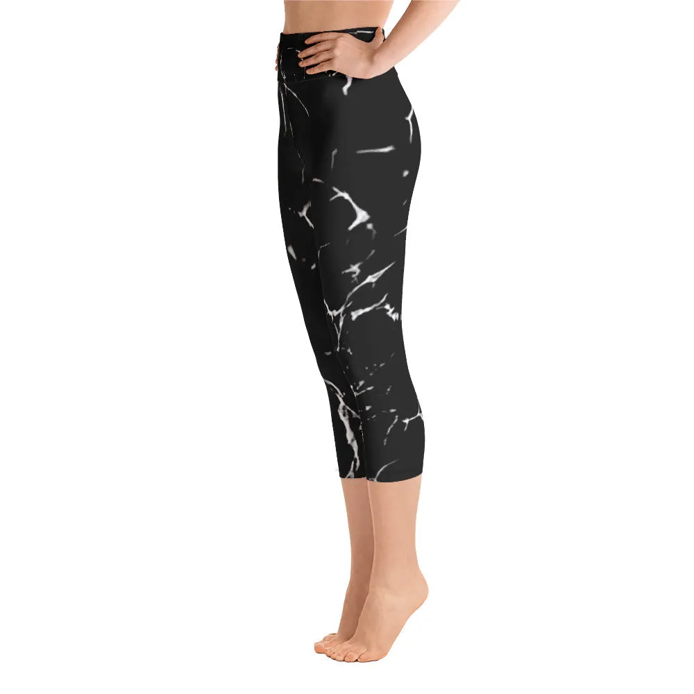 Black Marble Print Capri Leggings, Women's Yoga Capri Leggings Tights- Made in USA/EU