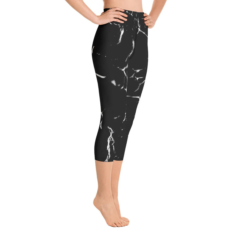 Black Marble Print Capri Leggings, Women's Yoga Capri Leggings Tights- Made in USA/EU