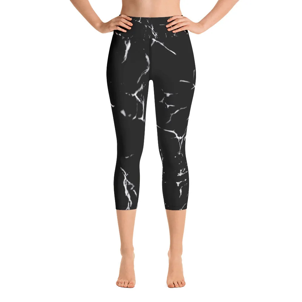 Black Marble Print Capri Leggings, Women's Yoga Capri Leggings Tights- Made in USA/EU