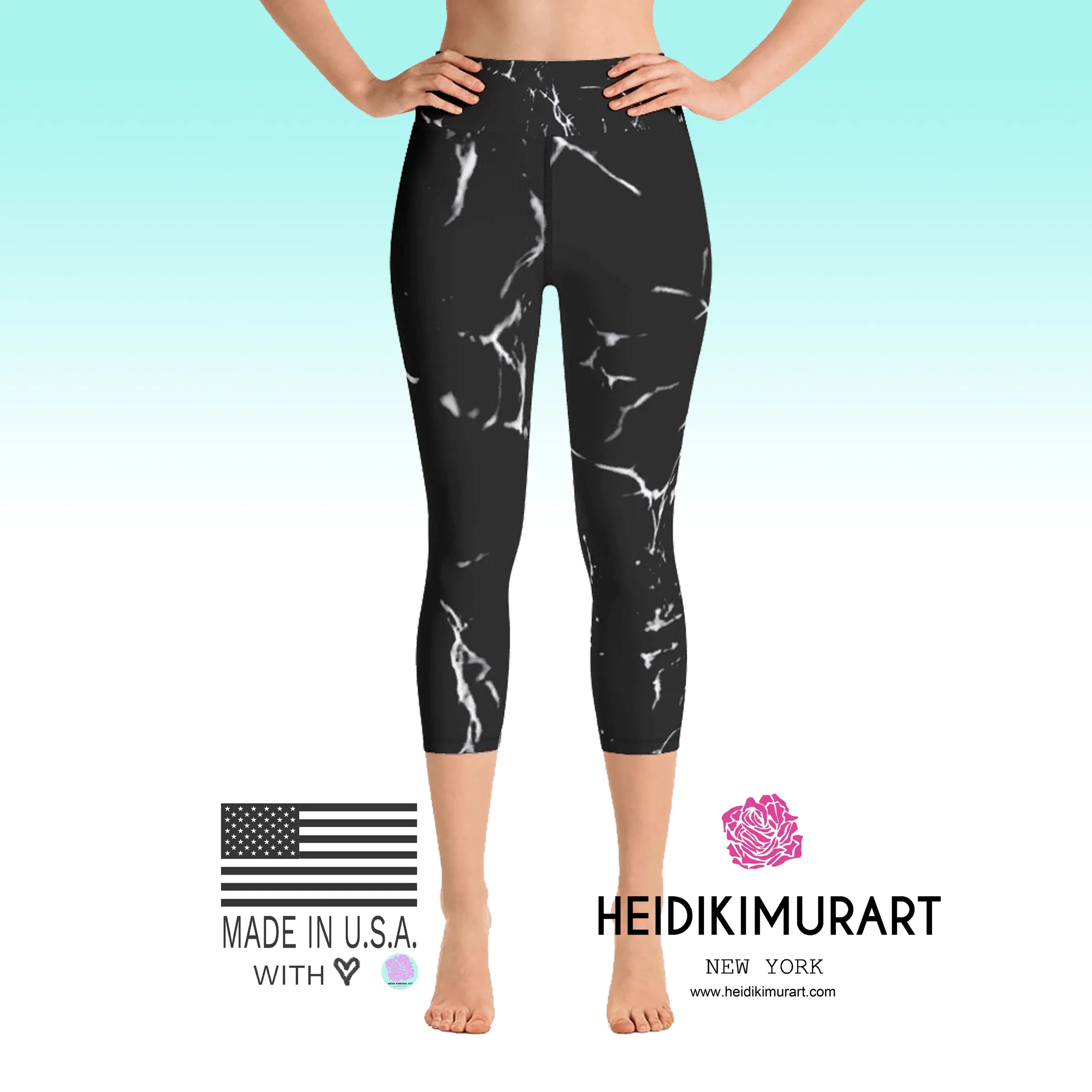 Black Marble Print Capri Leggings, Women's Yoga Capri Leggings Tights- Made in USA/EU