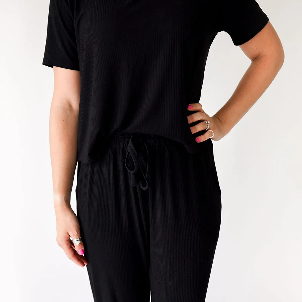 Black Ribbed Women's Short Sleeve Scoop Loungewear