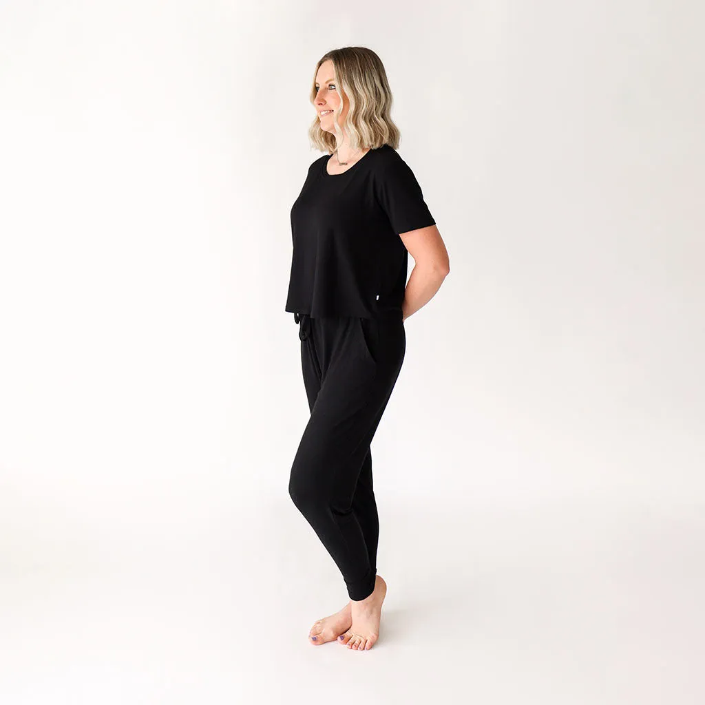 Black Ribbed Women's Short Sleeve Scoop Loungewear