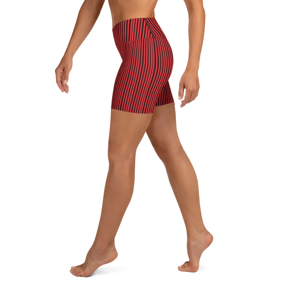 Black Striped Women's Yoga Shorts, Red Modern Gym Workout Tights-Made in USA/EU/MX