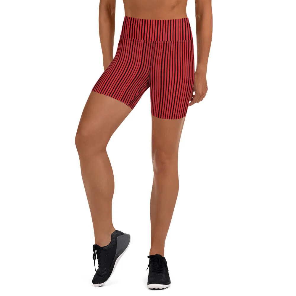 Black Striped Women's Yoga Shorts, Red Modern Gym Workout Tights-Made in USA/EU/MX