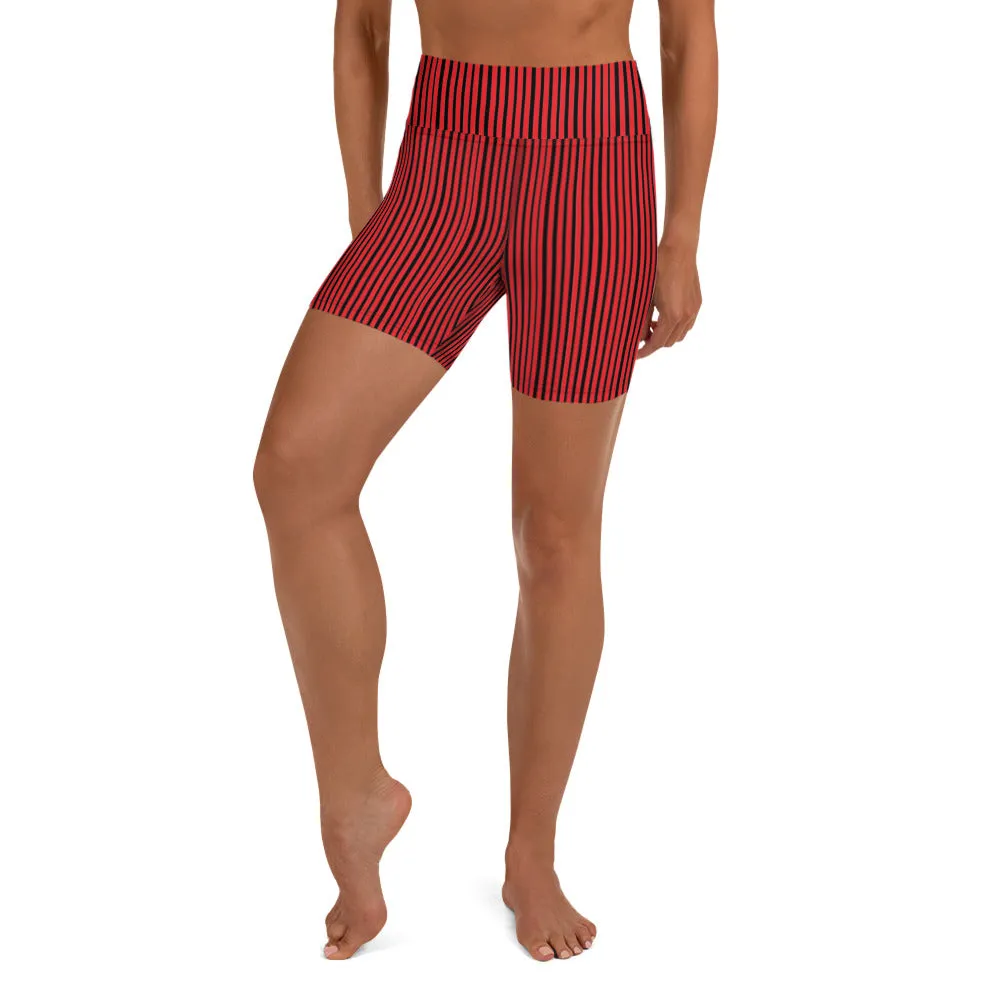 Black Striped Women's Yoga Shorts, Red Modern Gym Workout Tights-Made in USA/EU/MX