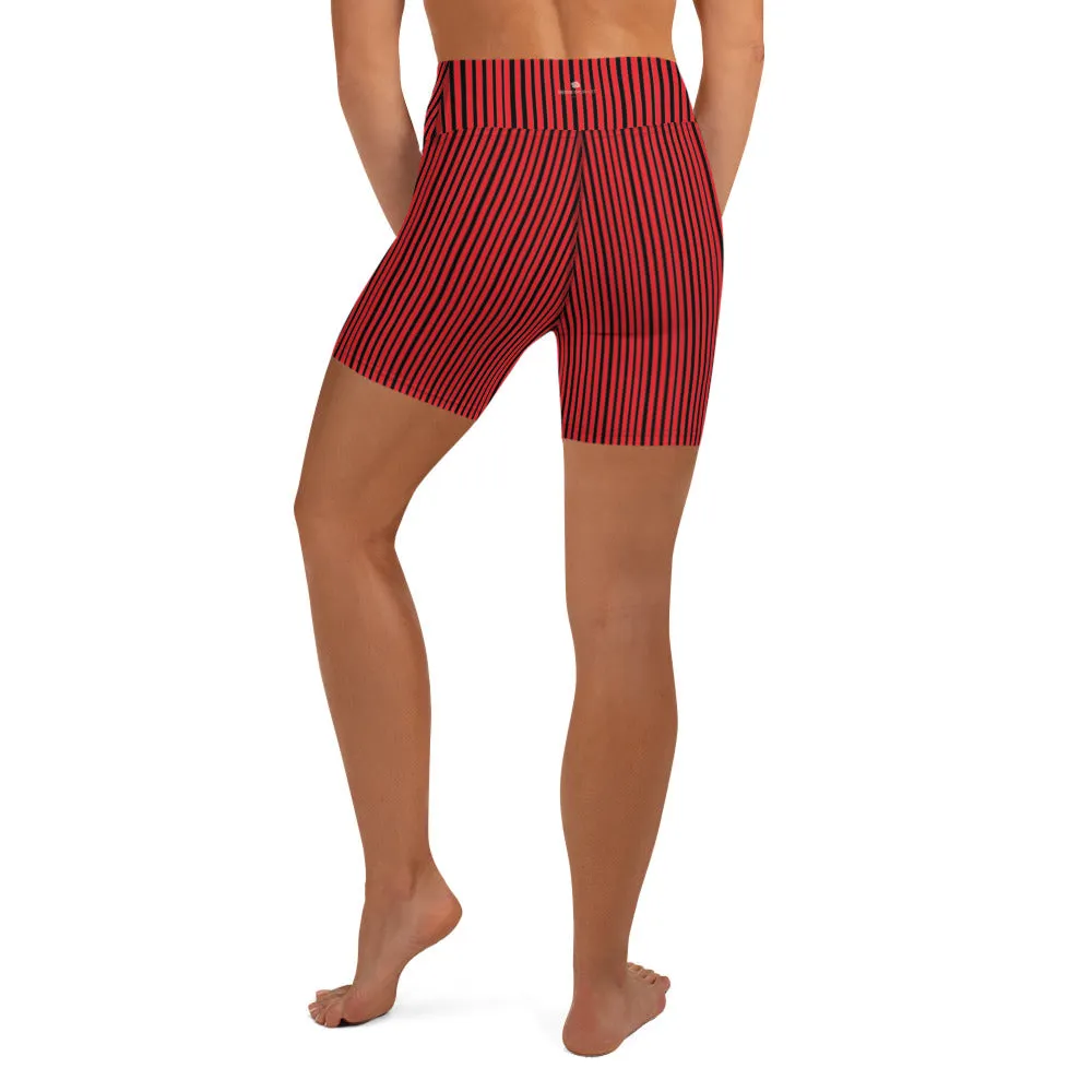 Black Striped Women's Yoga Shorts, Red Modern Gym Workout Tights-Made in USA/EU/MX