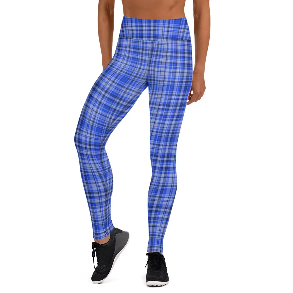 Blue Plaid Print Yoga Leggings, Scottish Tartan Plaid Printed Women's Long Tights-Made in USA/EU