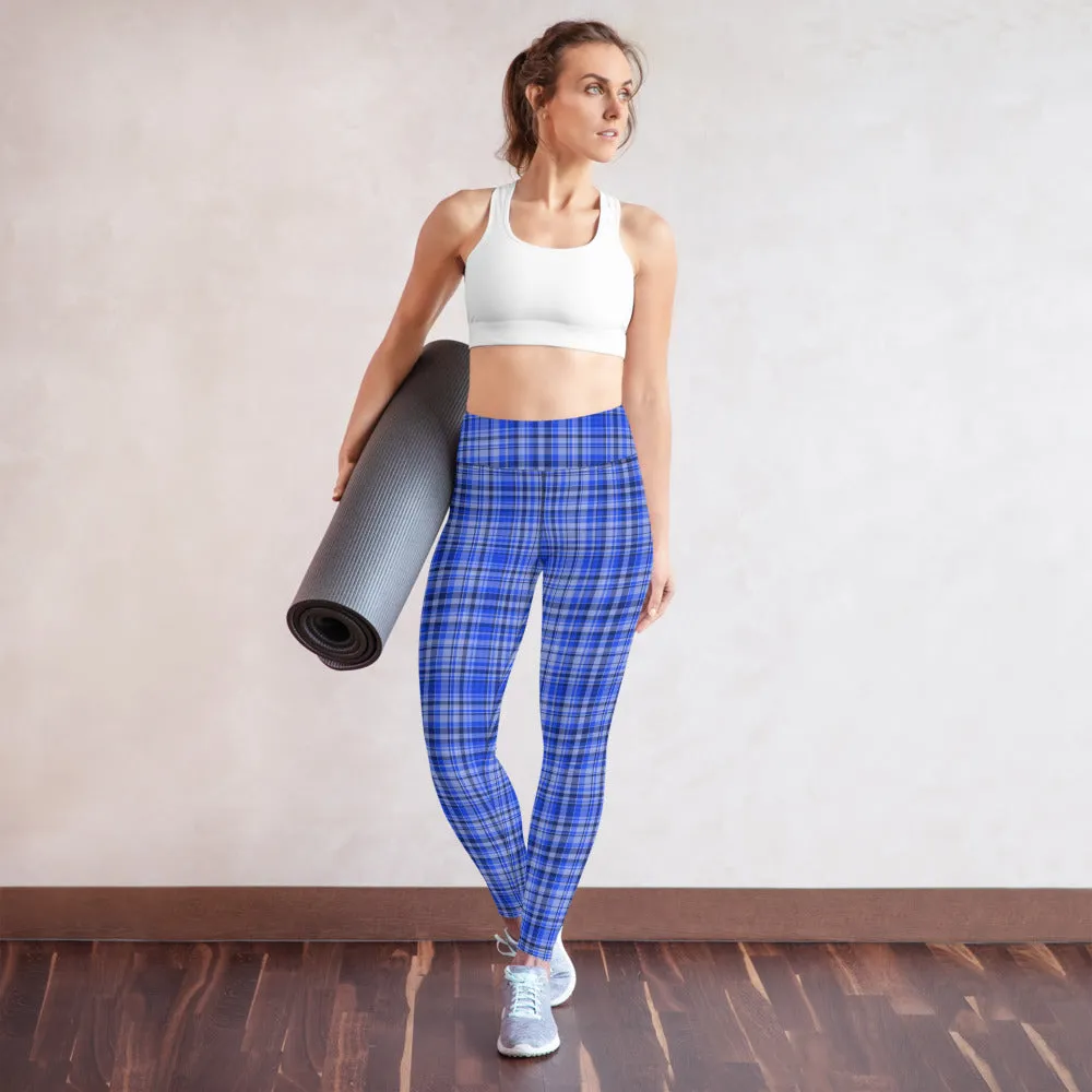 Blue Plaid Print Yoga Leggings, Scottish Tartan Plaid Printed Women's Long Tights-Made in USA/EU