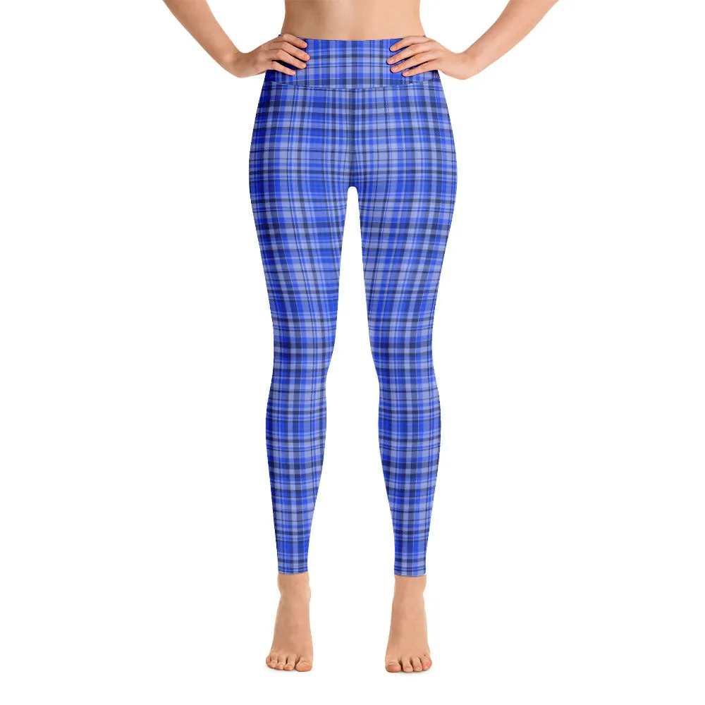 Blue Plaid Print Yoga Leggings, Scottish Tartan Plaid Printed Women's Long Tights-Made in USA/EU