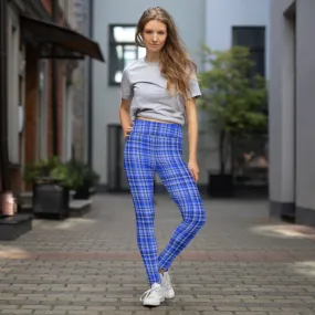 Blue Plaid Print Yoga Leggings, Scottish Tartan Plaid Printed Women's Long Tights-Made in USA/EU