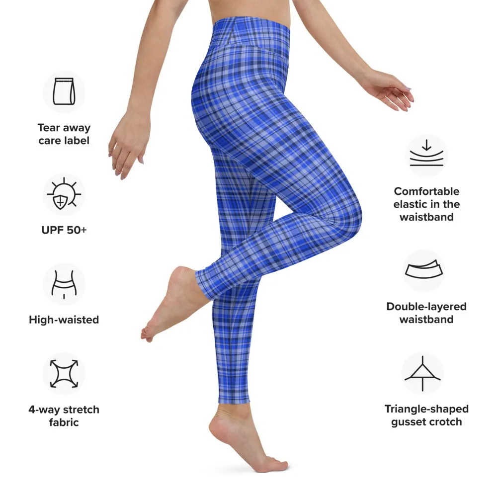 Blue Plaid Print Yoga Leggings, Scottish Tartan Plaid Printed Women's Long Tights-Made in USA/EU