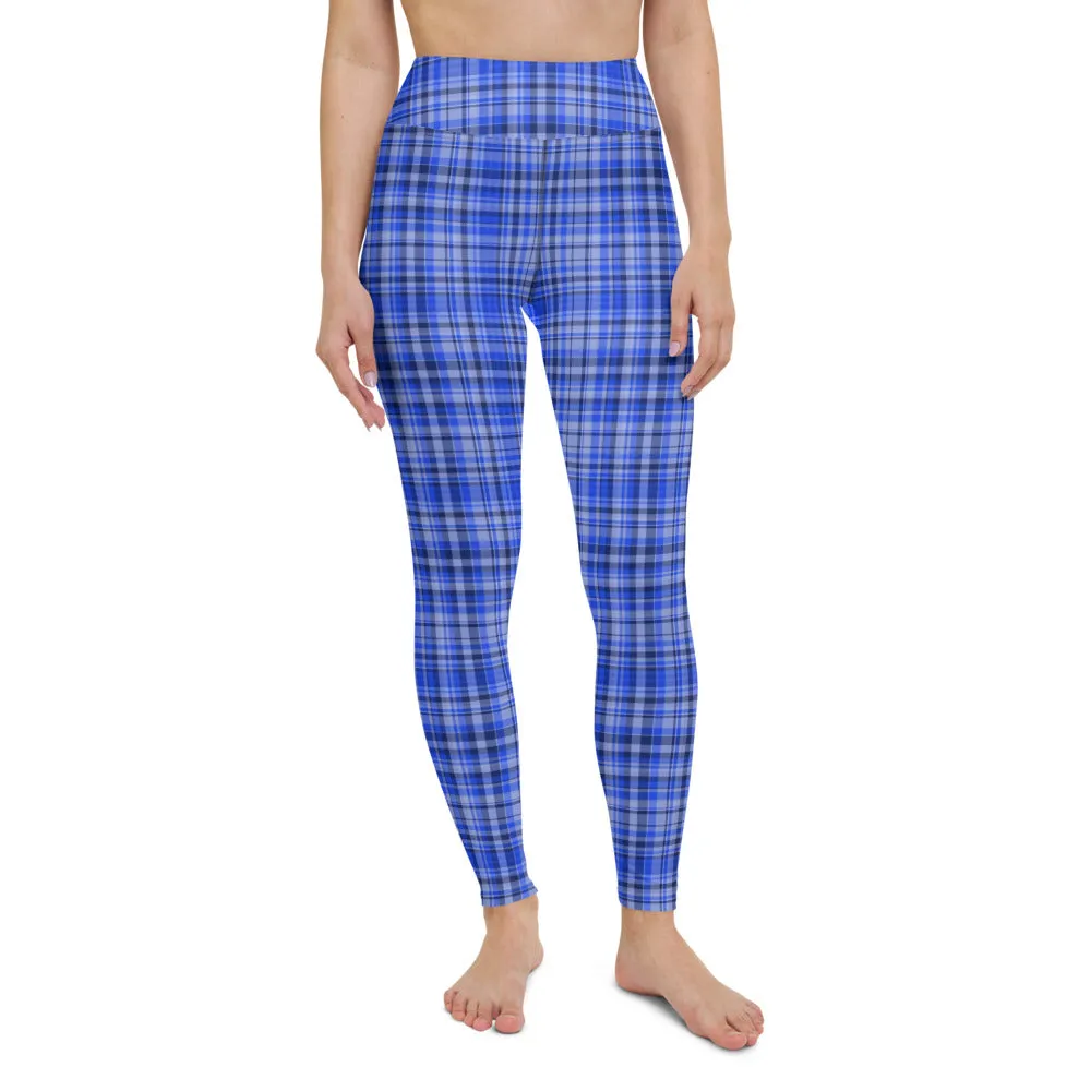 Blue Plaid Print Yoga Leggings, Scottish Tartan Plaid Printed Women's Long Tights-Made in USA/EU