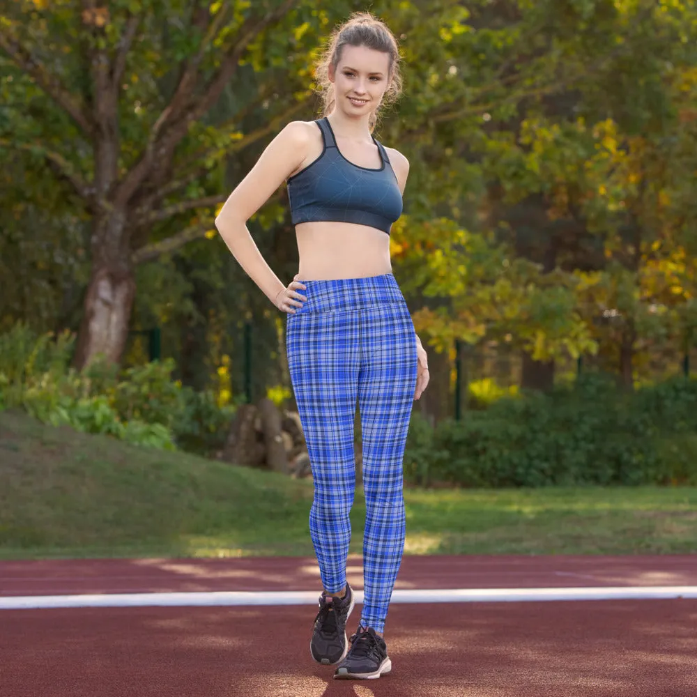 Blue Plaid Print Yoga Leggings, Scottish Tartan Plaid Printed Women's Long Tights-Made in USA/EU