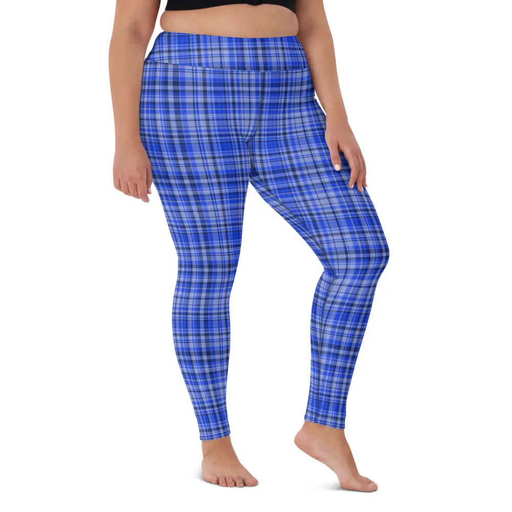 Blue Plaid Print Yoga Leggings, Scottish Tartan Plaid Printed Women's Long Tights-Made in USA/EU