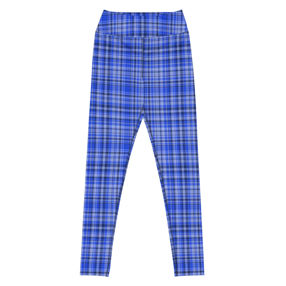 Blue Plaid Print Yoga Leggings, Scottish Tartan Plaid Printed Women's Long Tights-Made in USA/EU