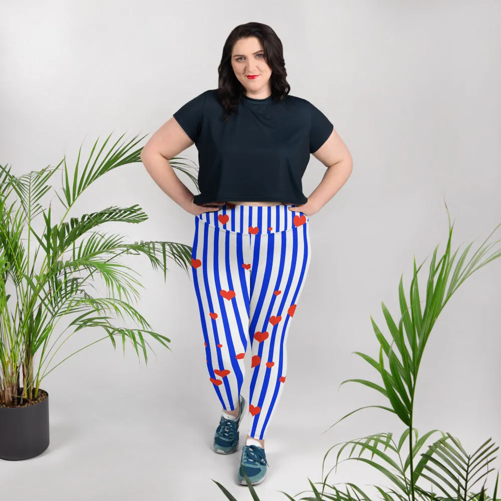 Blue Striped Plus Size Tights, Best Patriotic Blue Stripe Print Women's High Waist Elastic Long Yoga Pants- Made in USA (US Size: 2XL-6XL)