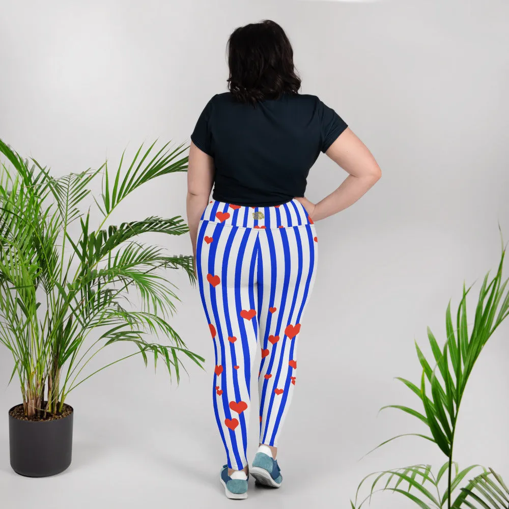 Blue Striped Plus Size Tights, Best Patriotic Blue Stripe Print Women's High Waist Elastic Long Yoga Pants- Made in USA (US Size: 2XL-6XL)