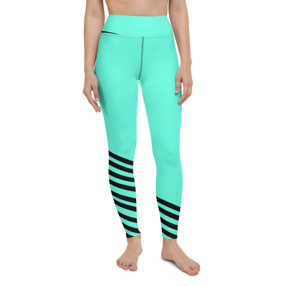 Blue Striped Yoga Leggings, Modern Turquoise Women's Long Yoga Pants-Made in USA/EU