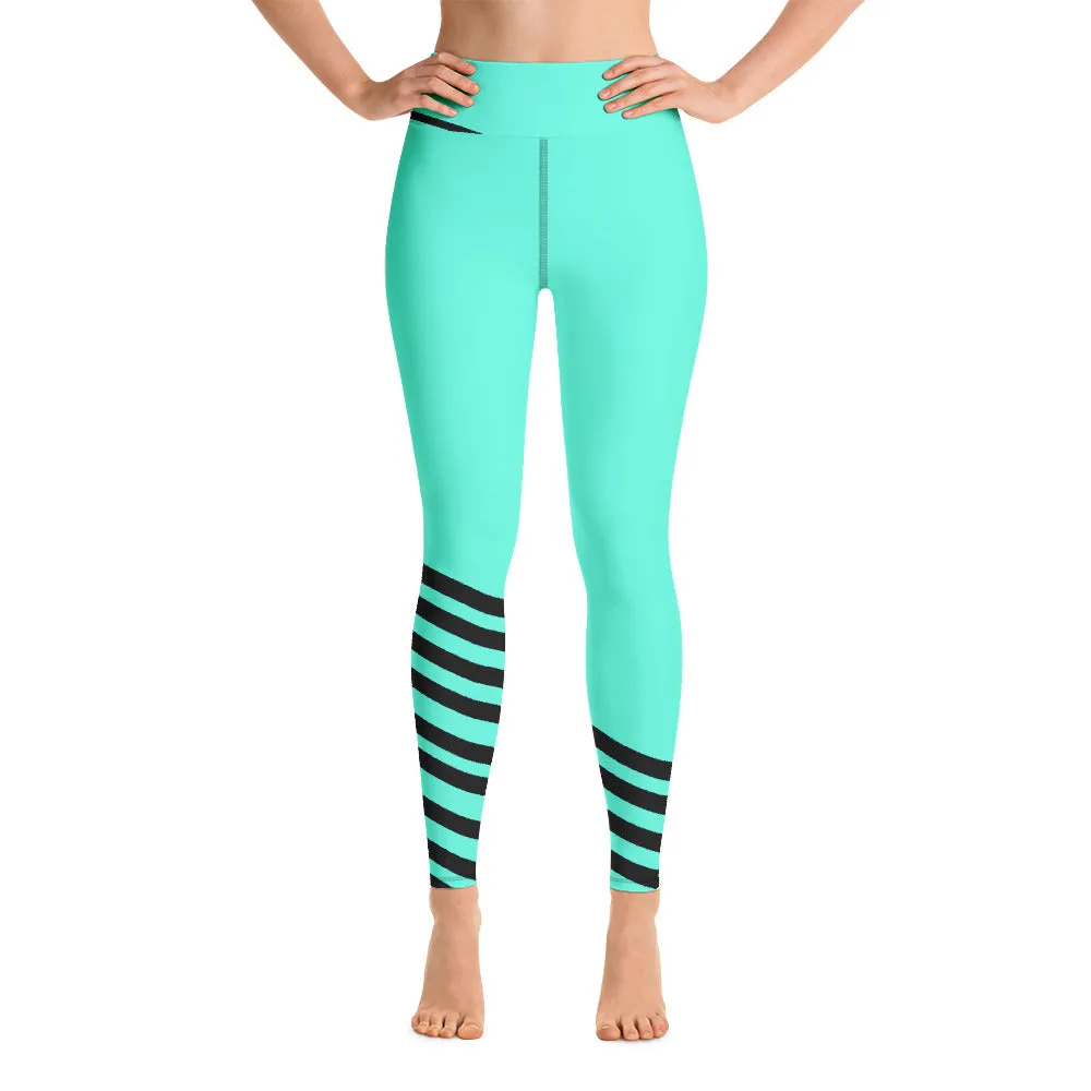 Blue Striped Yoga Leggings, Modern Turquoise Women's Long Yoga Pants-Made in USA/EU