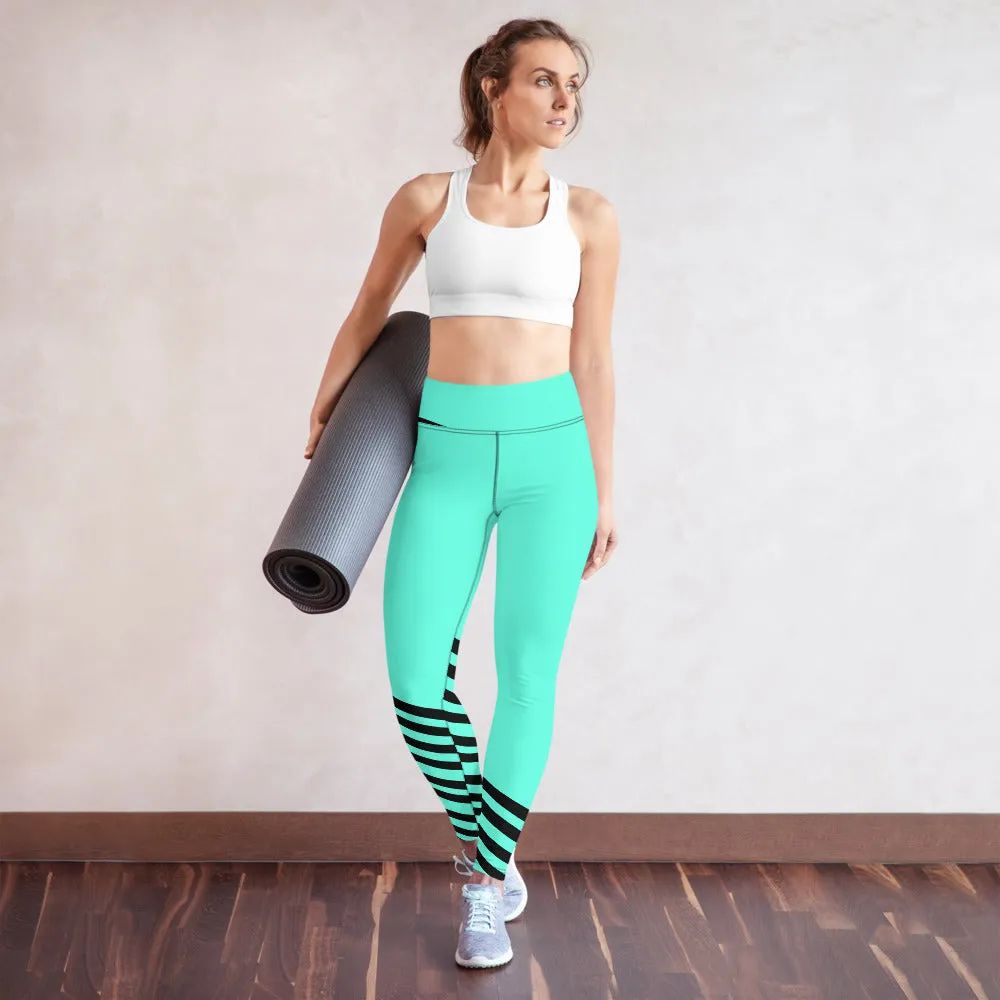 Blue Striped Yoga Leggings, Modern Turquoise Women's Long Yoga Pants-Made in USA/EU