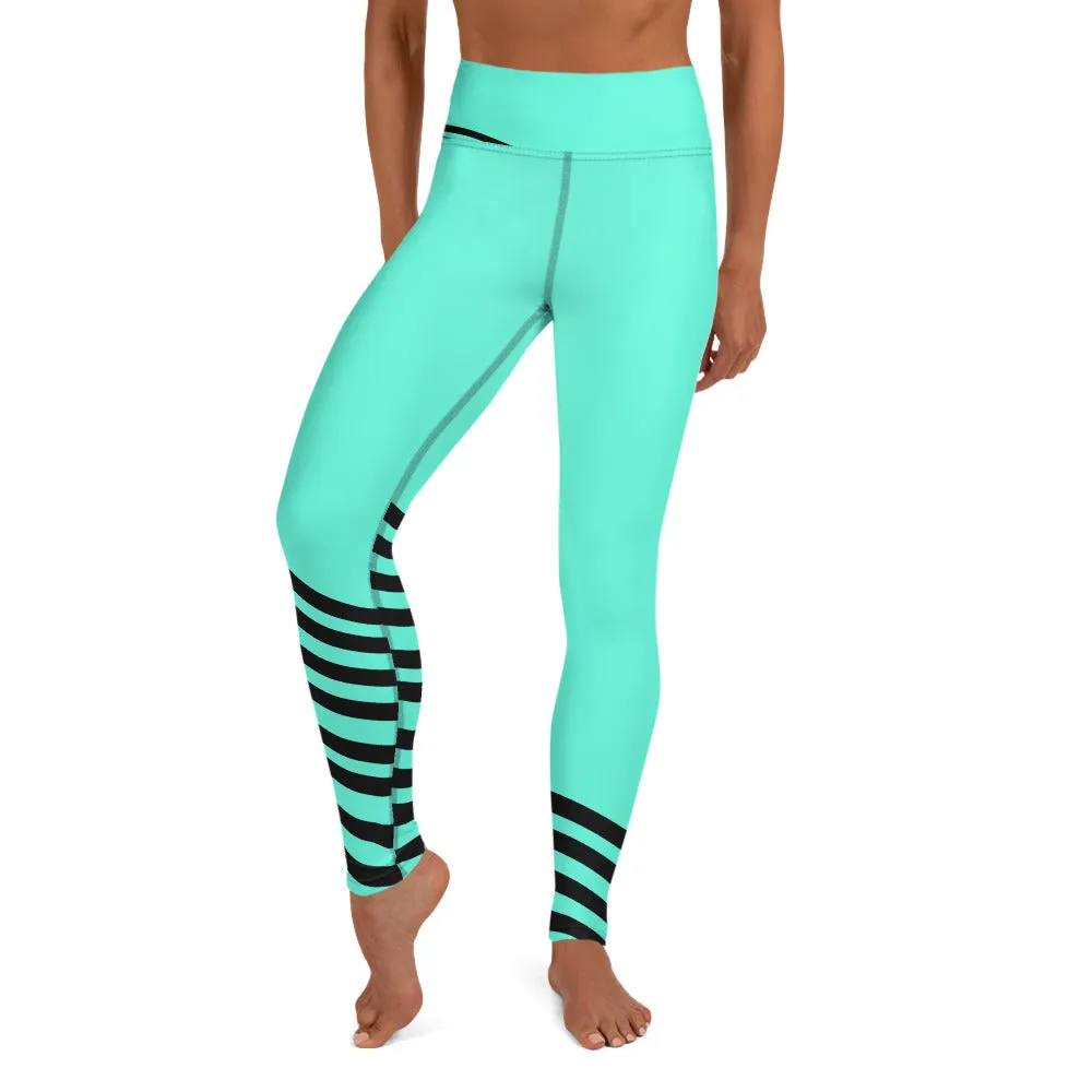 Blue Striped Yoga Leggings, Modern Turquoise Women's Long Yoga Pants-Made in USA/EU