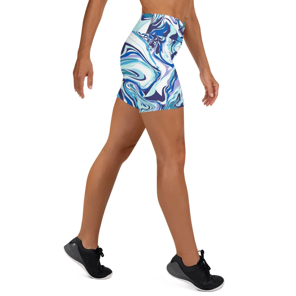 Blue Swirl Women's Yoga Shorts, Abstract Print Elastic Ladies Short Tights-Made in USA/EU