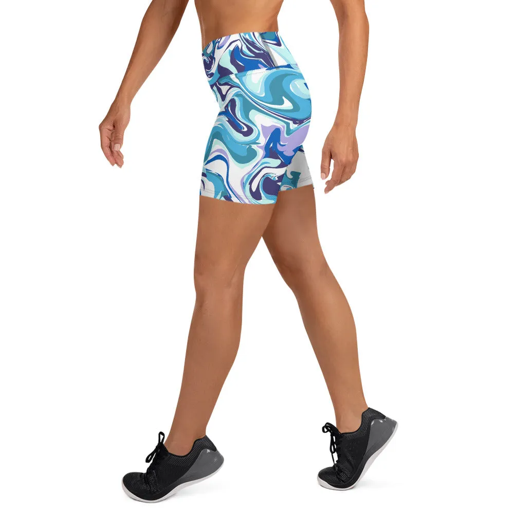 Blue Swirl Women's Yoga Shorts, Abstract Print Elastic Ladies Short Tights-Made in USA/EU