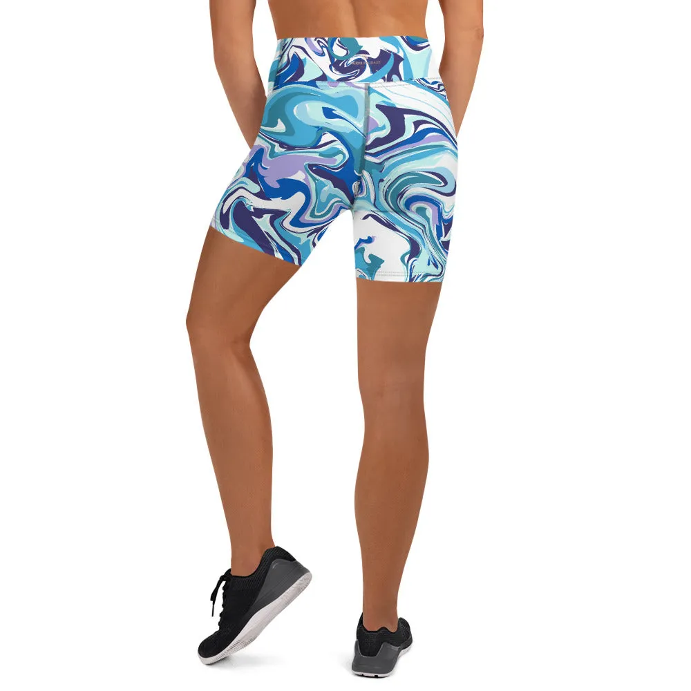 Blue Swirl Women's Yoga Shorts, Abstract Print Elastic Ladies Short Tights-Made in USA/EU