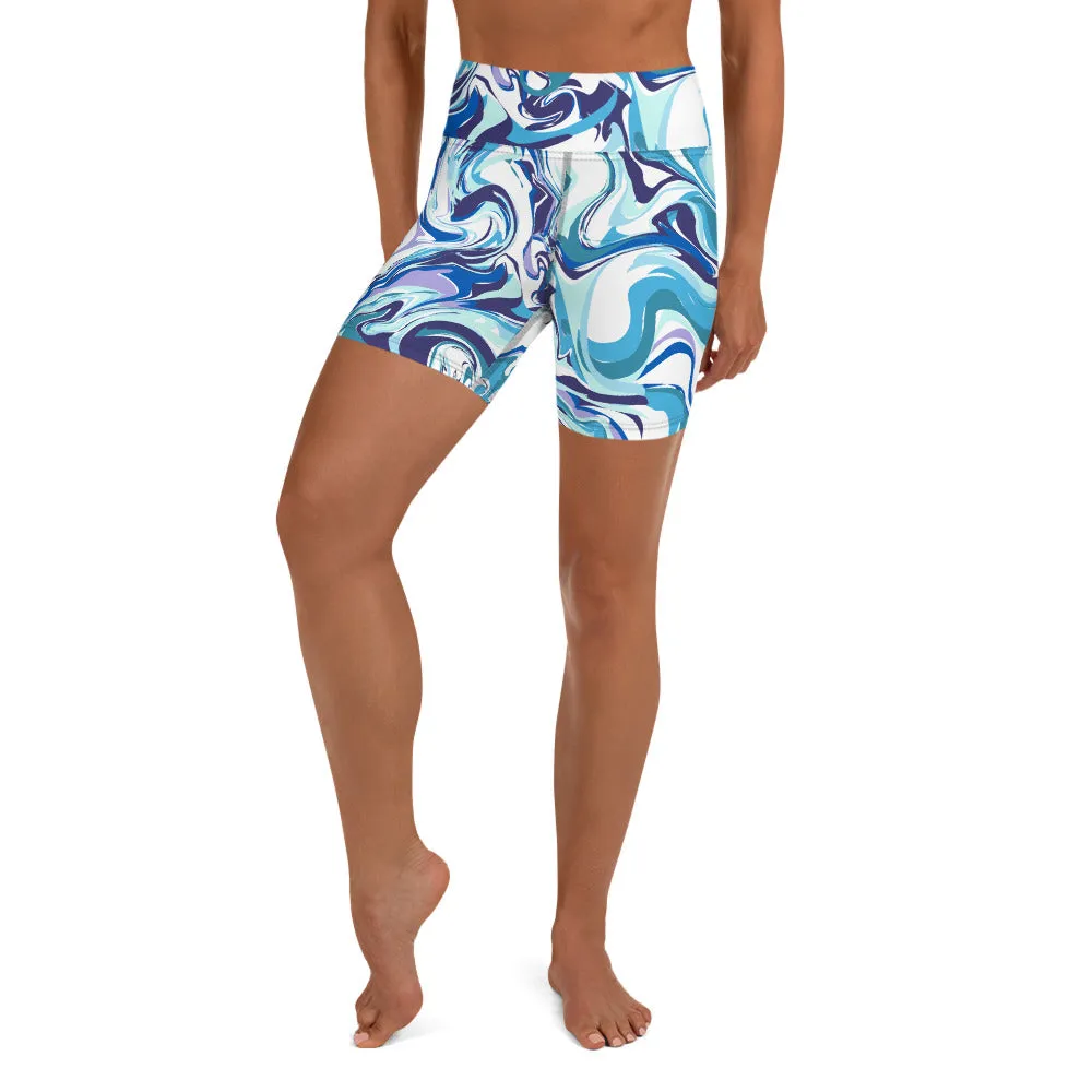 Blue Swirl Women's Yoga Shorts, Abstract Print Elastic Ladies Short Tights-Made in USA/EU