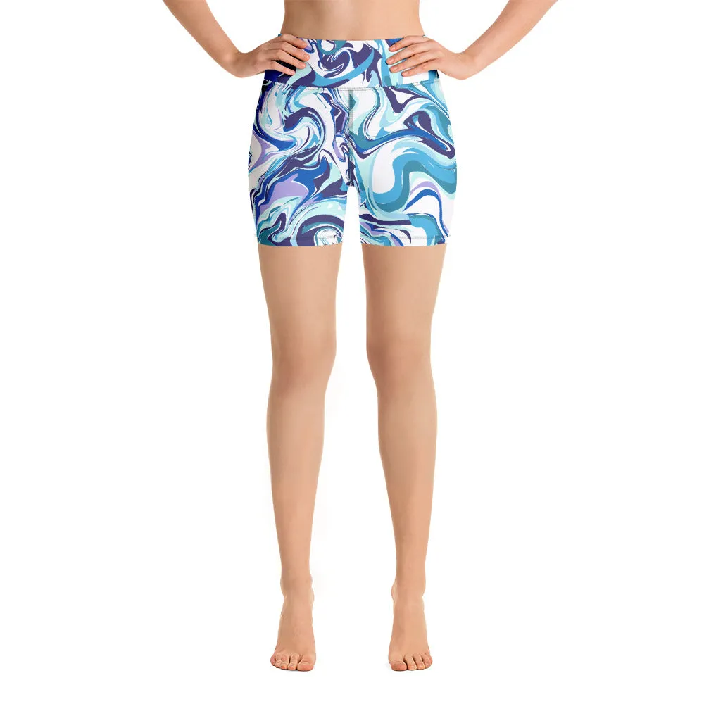 Blue Swirl Women's Yoga Shorts, Abstract Print Elastic Ladies Short Tights-Made in USA/EU