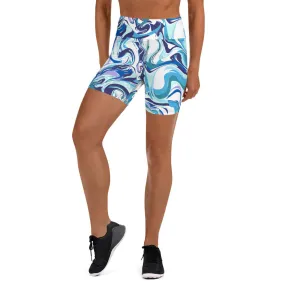 Blue Swirl Women's Yoga Shorts, Abstract Print Elastic Ladies Short Tights-Made in USA/EU