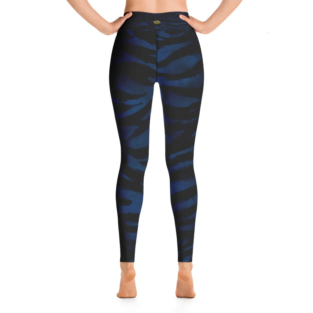 Blue Tiger Striped Leggings, Women's Black Animal Print Fitted Leggings- Made in USA/EU