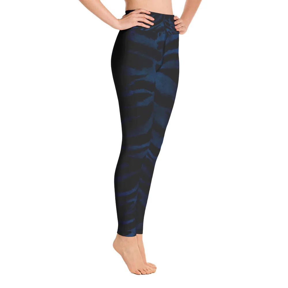 Blue Tiger Striped Leggings, Women's Black Animal Print Fitted Leggings- Made in USA/EU