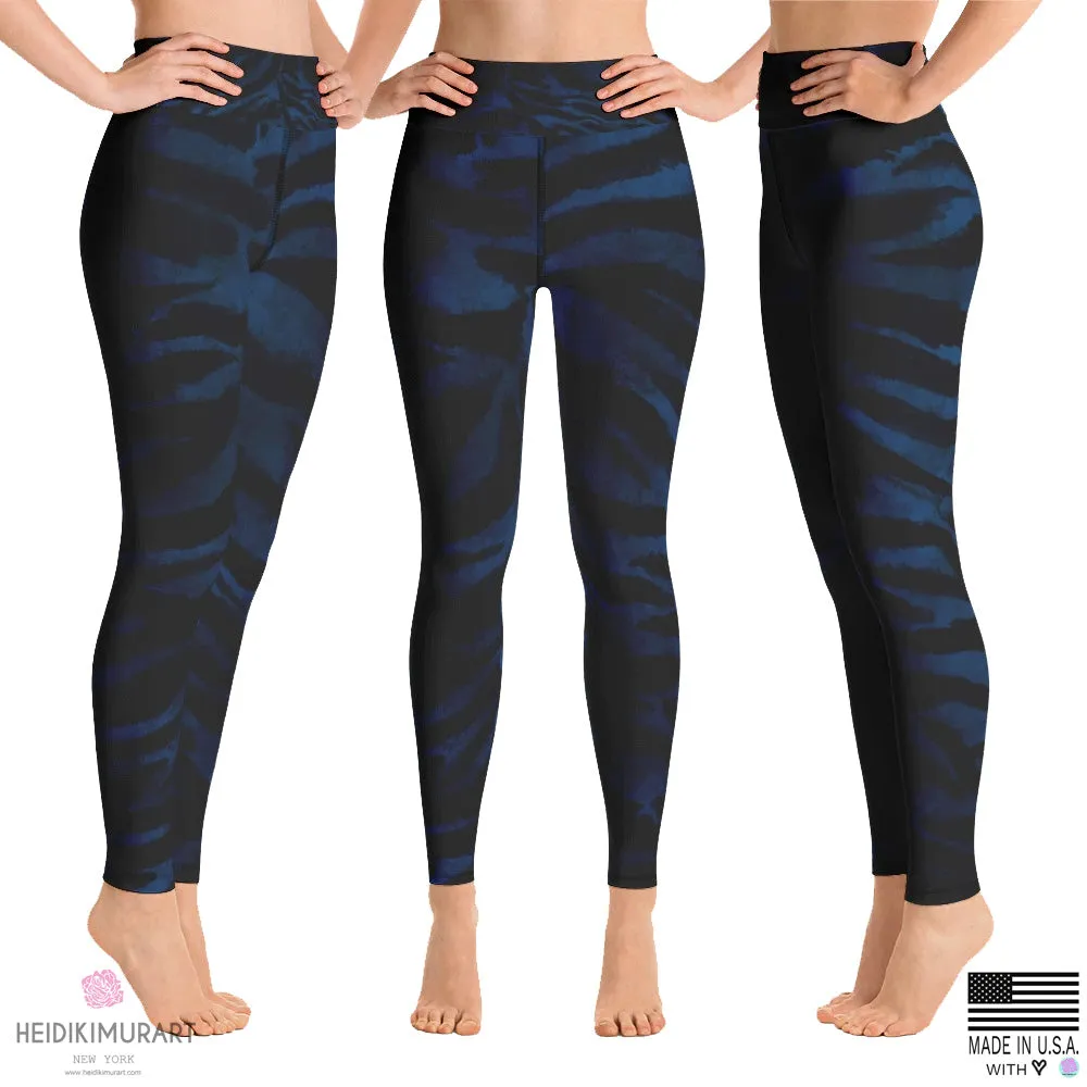 Blue Tiger Striped Leggings, Women's Black Animal Print Fitted Leggings- Made in USA/EU