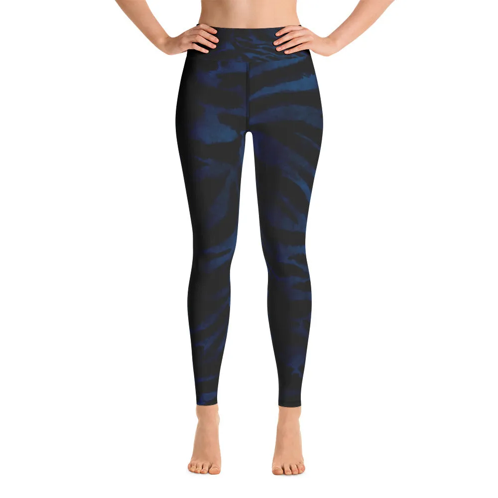 Blue Tiger Striped Leggings, Women's Black Animal Print Fitted Leggings- Made in USA/EU