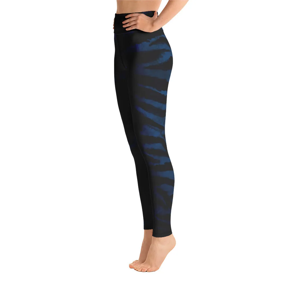 Blue Tiger Striped Leggings, Women's Black Animal Print Fitted Leggings- Made in USA/EU