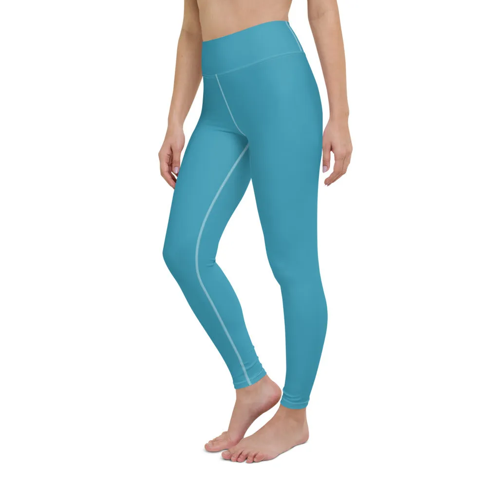 Blue Women's Long Yoga Leggings, Solid Color Blue Women's Gym Tights-Made in USA/EU/MX