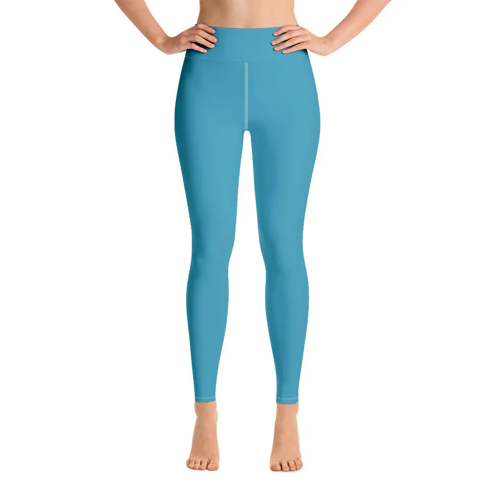 Blue Women's Long Yoga Leggings, Solid Color Blue Women's Gym Tights-Made in USA/EU/MX