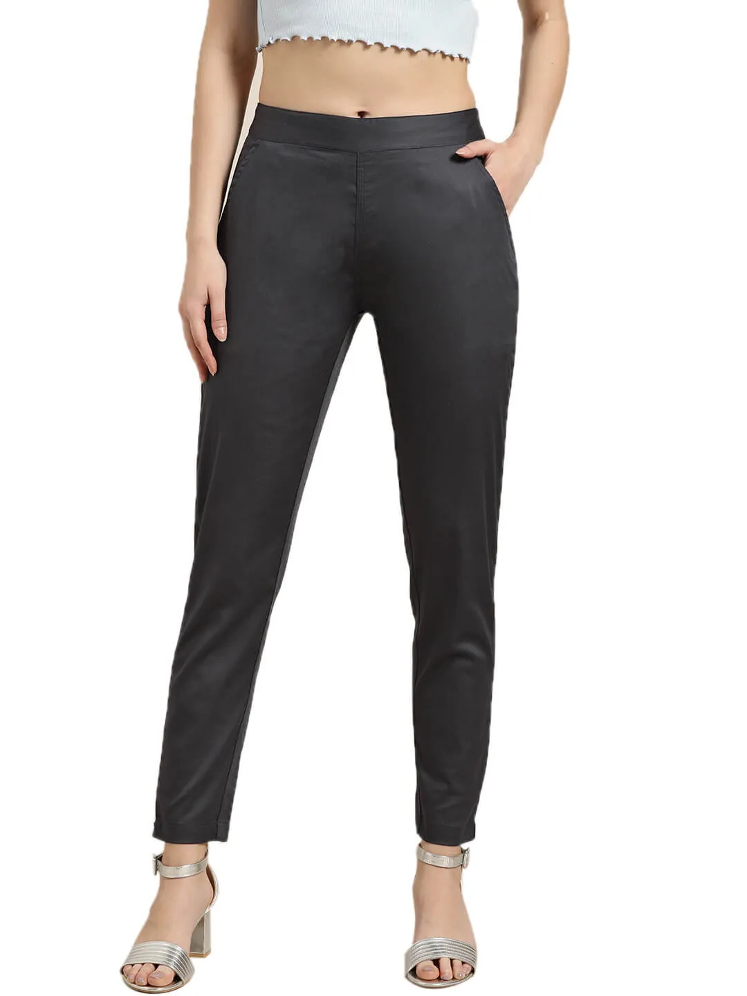 Charcoal Grey Solid Cotton Lycra Pants