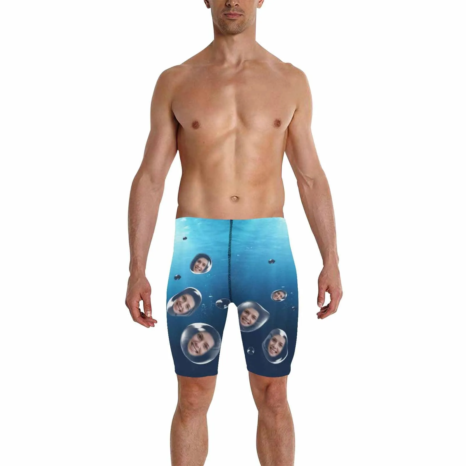 Custom Face Blue Blister Men's Knee Surf Shorts Rash Guard Swim Trunks Mens Personalized Swimsuit Bathing Suit With Girlfriend's Face