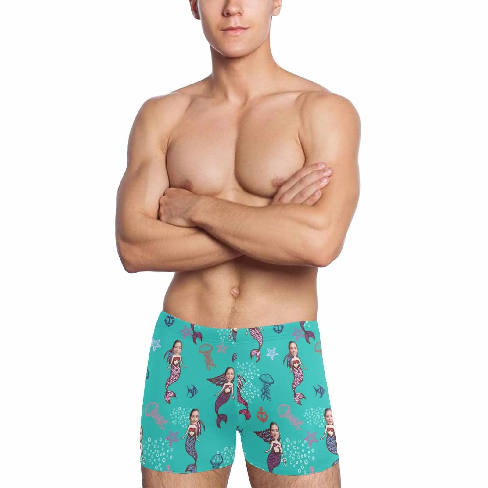 Custom Face Blue Mermaid Men's Athletic Swim Jammers Quick Dry Waterproof Compression Square Leg Swim Briefs Swimsuit