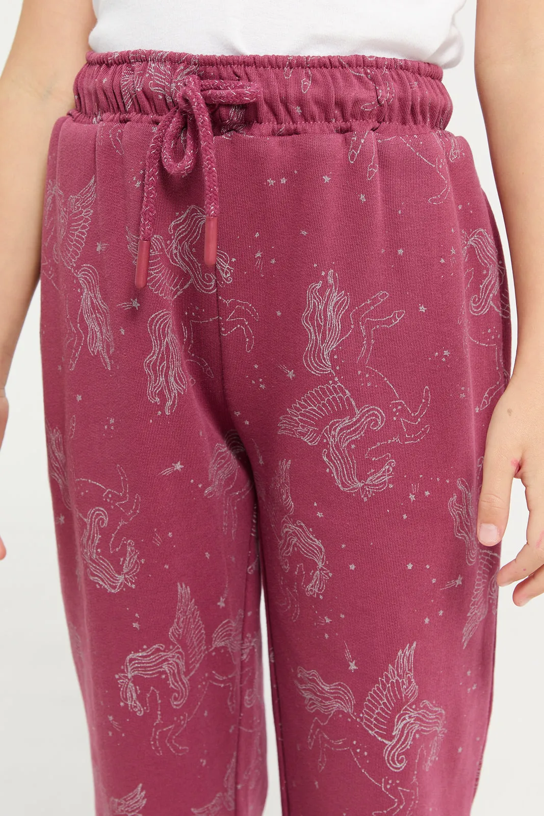 Girls Burgundy Printed Track Pants