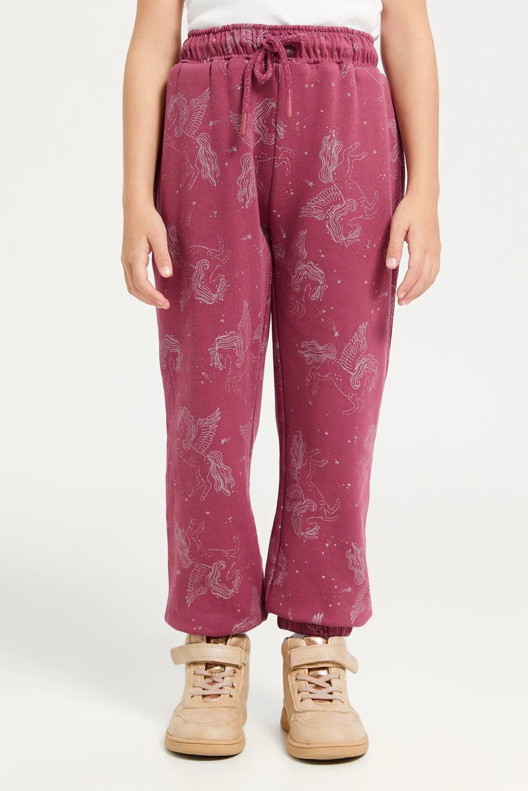 Girls Burgundy Printed Track Pants