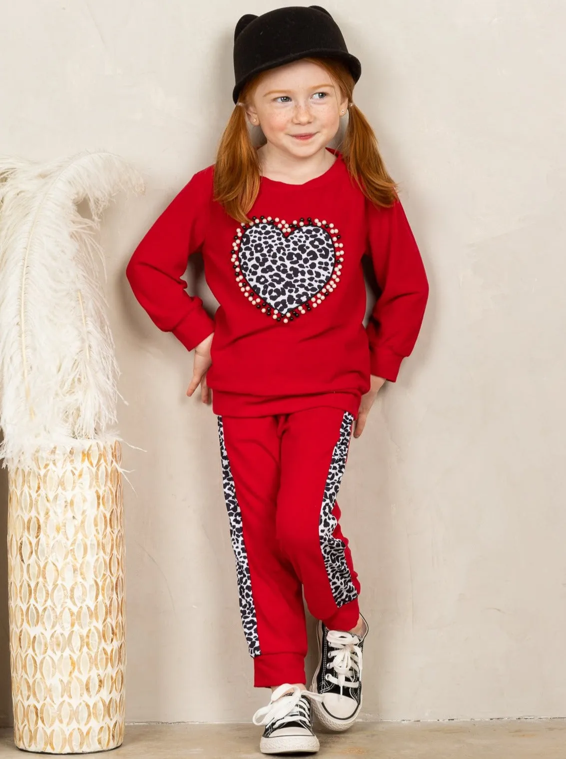 Girls Leopard Heart Applique Sweatshirt and Jogger Set