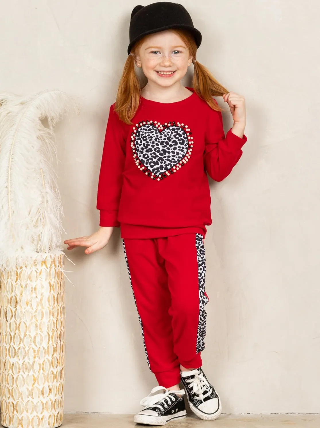 Girls Leopard Heart Applique Sweatshirt and Jogger Set