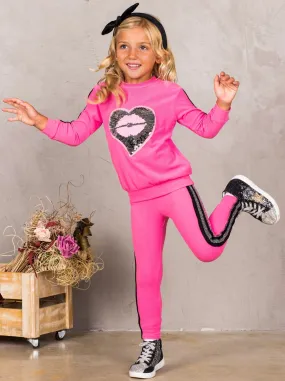 Girls Sequin Heart Lips Applique Sweatshirt and Jogger Set