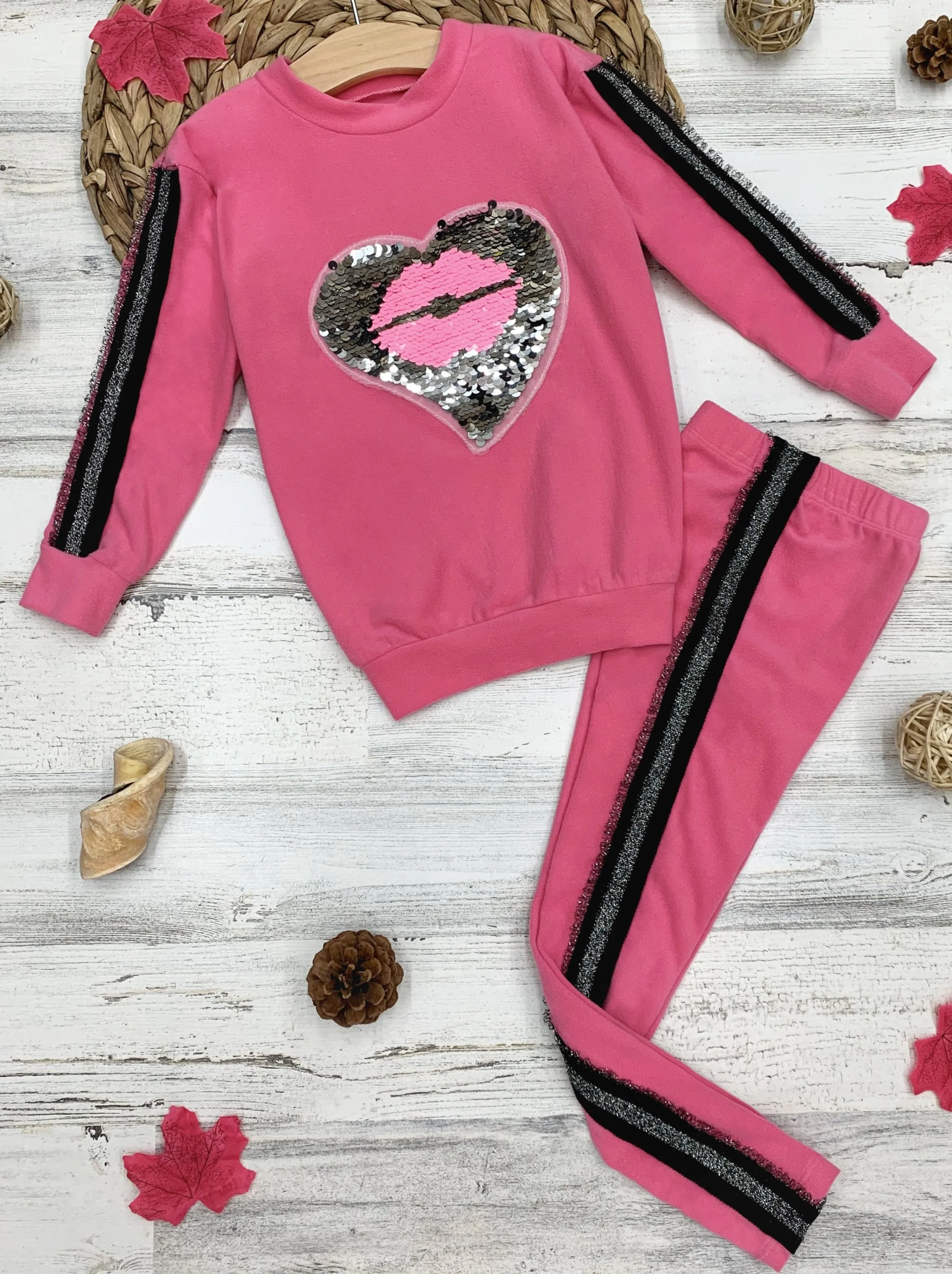 Girls Sequin Heart Lips Applique Sweatshirt and Jogger Set