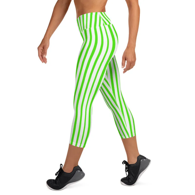 Green Striped Yoga Capri Leggings, White Vertical Striped Circus Tights- Made in USA/EU