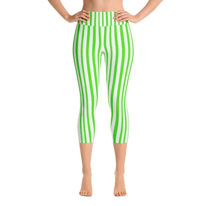 Green Striped Yoga Capri Leggings, White Vertical Striped Circus Tights- Made in USA/EU