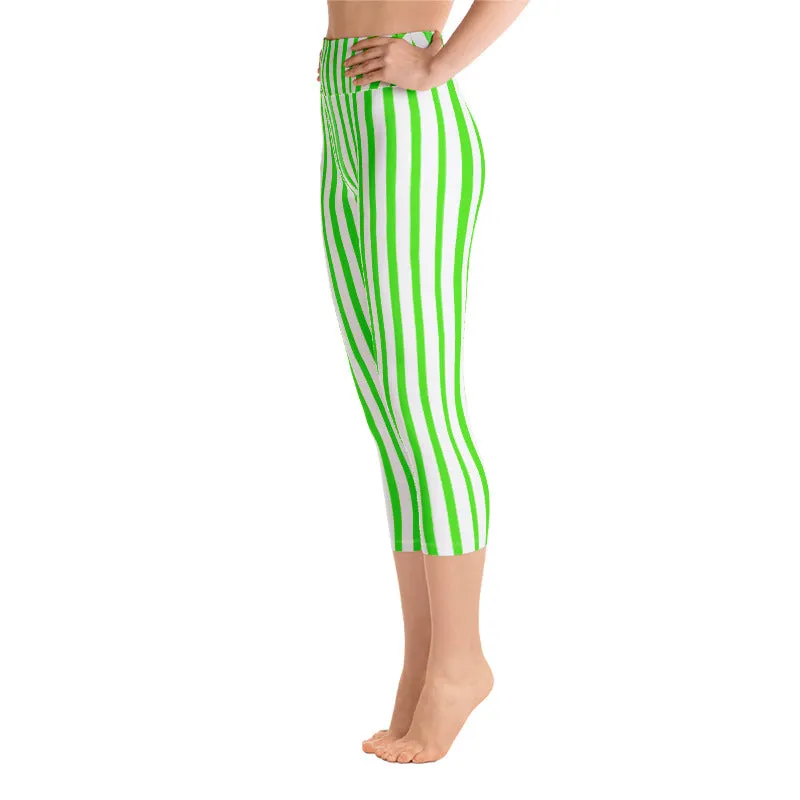 Green Striped Yoga Capri Leggings, White Vertical Striped Circus Tights- Made in USA/EU